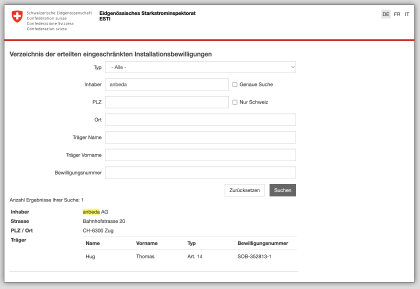 ESTI Verzeichnis von Bewilligungen in der Schweiz